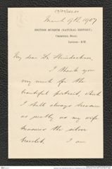 Nachlass Franz Steindachner, Brief von A. Woodward an Franz Steindachner (12.03.1907), Inv.Nr. 602.01, Seite 1